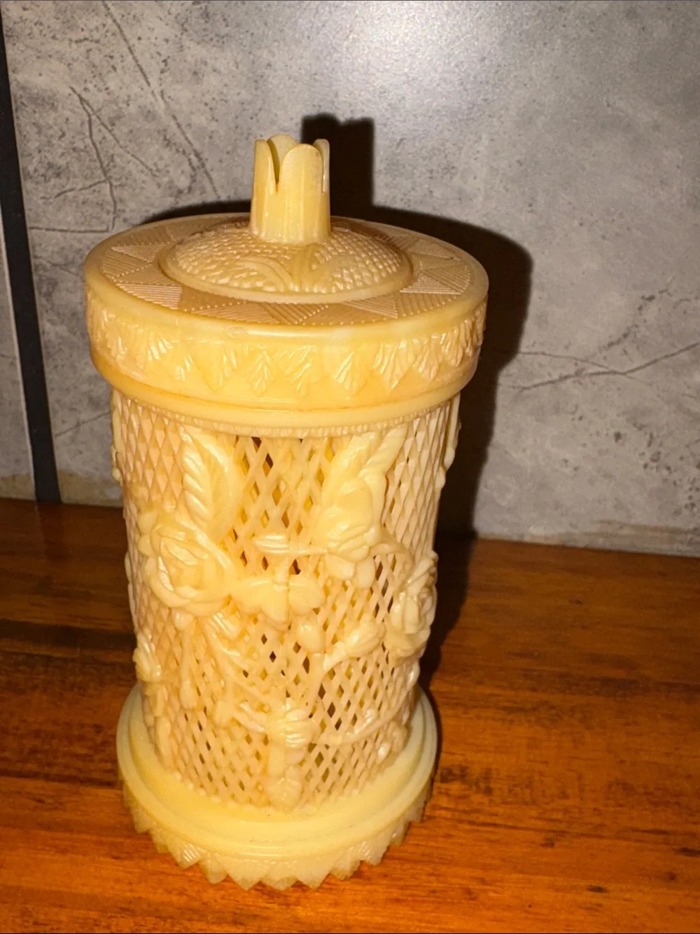 1960s MCM Lattice/ Floral Carved Resin Lidded Jar with 32 Tiny Forks Inside